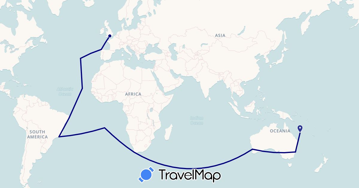 TravelMap itinerary: driving in Australia, Brazil, Cape Verde, Spain, United Kingdom, Portugal, Saint Helena, South Africa (Africa, Europe, Oceania, South America)